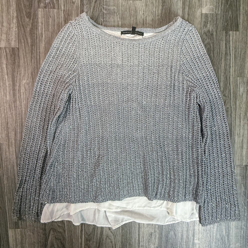 White House Black Market Silver Metallic Knit Layered Pullover Sweater